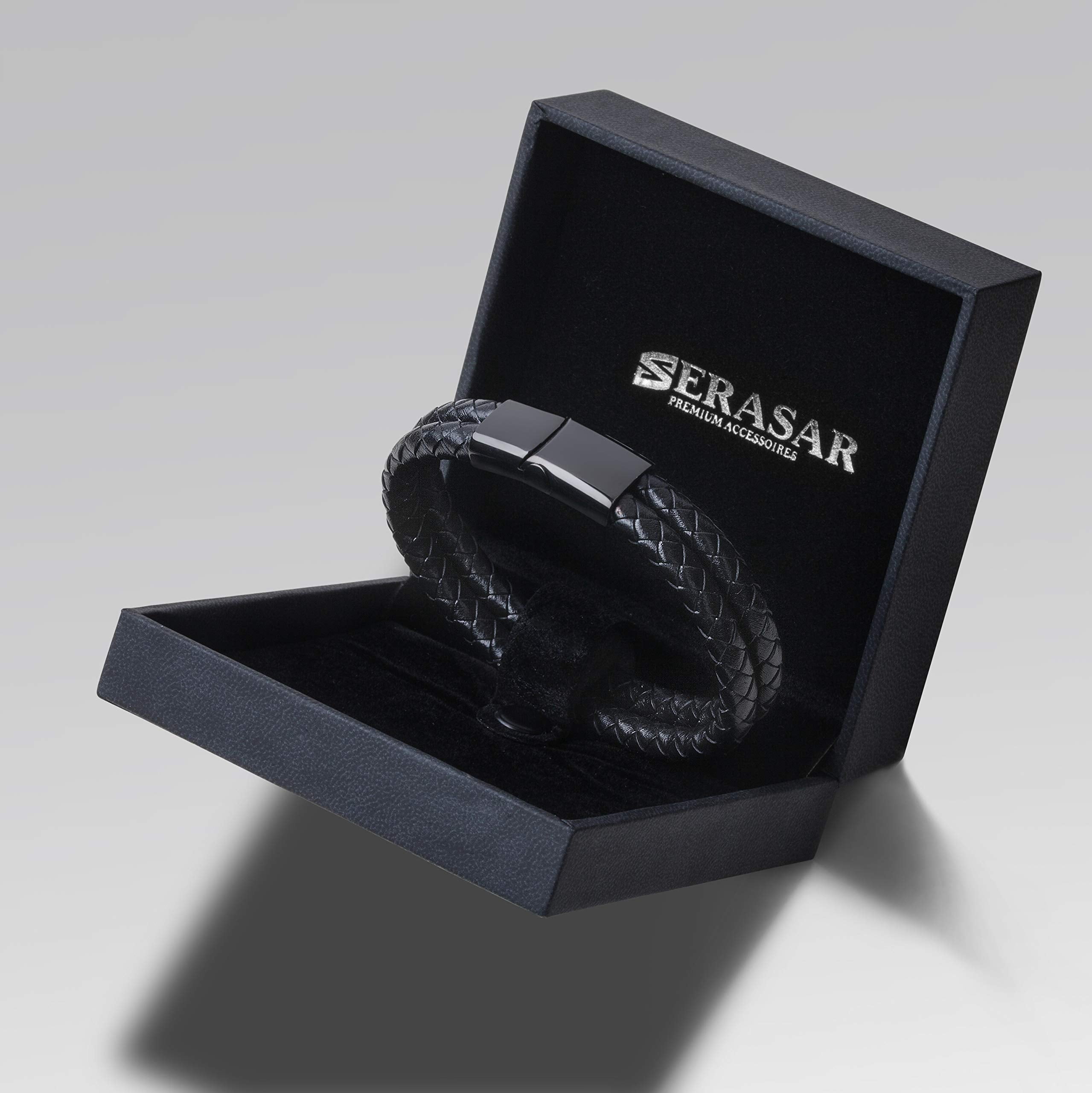 SERASAR Leather Bracelet for Men "Double" with stainless steel magnetic closure, Black 17cm, including gift box
