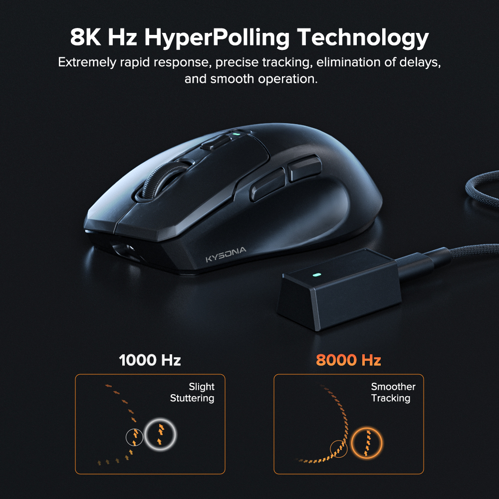 KYSONA Wireless Gaming Mouse, 26000 DPI, 8K Polling Rate, 2.4GHz/USB-C/Bluetooth, Web-Driven, Ice-Cooling Coating, Rechargeable  Ergonomic Mice for Laptop/PC/Mac, Black