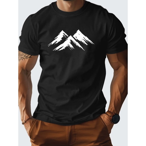 Men'S 100% Cotton Mountain Graphic Print T-Shirt, Casual Short Sleeve Crew Neck T-Shirt, Men'S Summer Outdoor Wear 180g