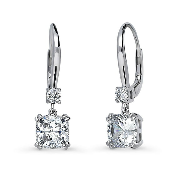 BERRICLE Sterling Silver Solitaire 4 Carat Cushion Cut Cubic Zirconia CZ Anniversary Leverback Dangle Drop Earrings for Women, Rhodium Plated