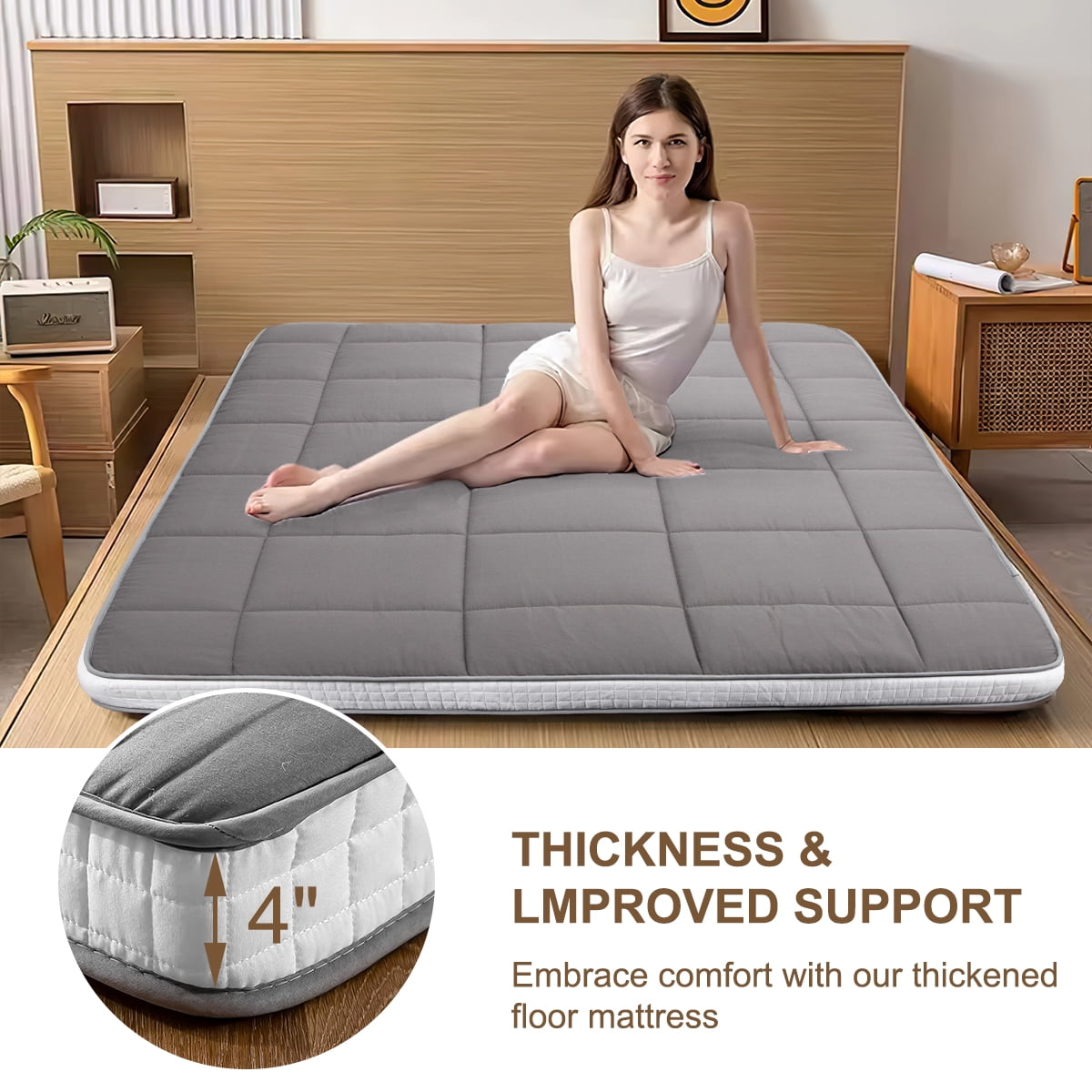 CshidWorld Japanese Floor Mattress, Futon Mattress w/Storage Bag & Washable Cover, Roll up Floor Mattress 4” Thick Tatami Mattress Quilted Bed Mattress Topper for Dorm, Guest Room, Gray, Queen