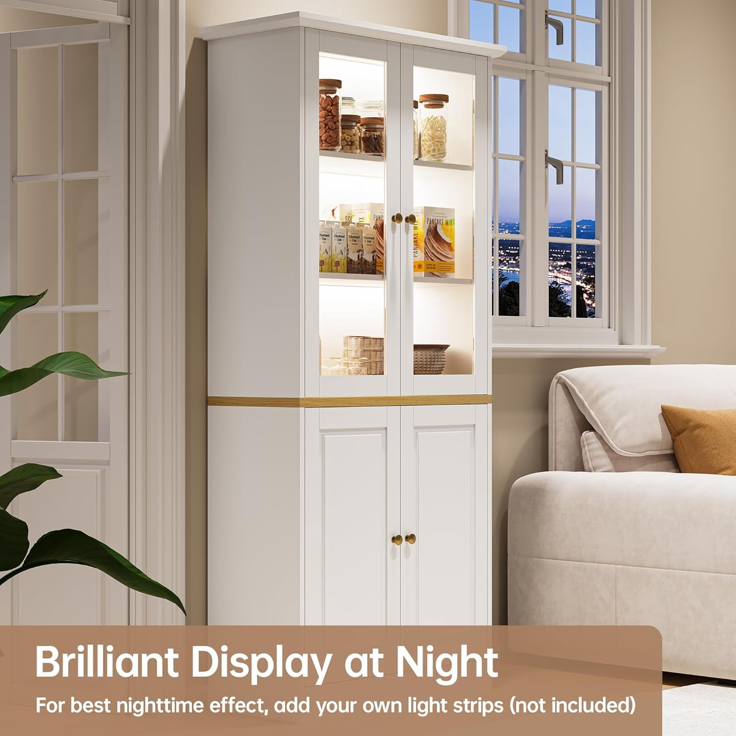 SELOOYE Kitchen Pantry Cabinet, 71" Modern Glass Display Cabinet with Wood Doors, Tall Storage Cabinet with Adjustable Shelves, Freestanding Cupboard for Living Room, Dining Room, Kitchen, White