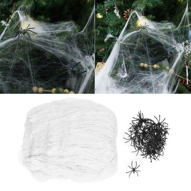 Decoraciones De Tela De Araña De Halloween, Elasticidad De Mano De Obra Fina Decoración De Tela De Araña Dureza De Caucho De Poliéster Con 40 Arañas Falsas Para Halloween
