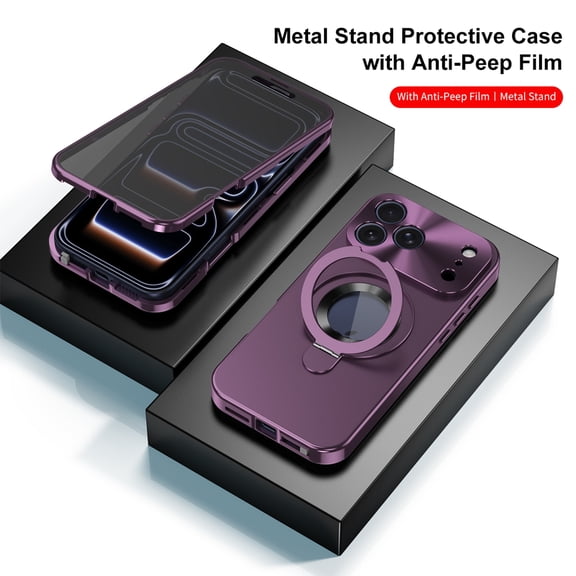 ELEHOLD Magnetic Metal Case for iPhone 18 Pro Max, Slim Shockproof Protective Cover with Ring Stand, Built in Privacy Guard, Cherryred