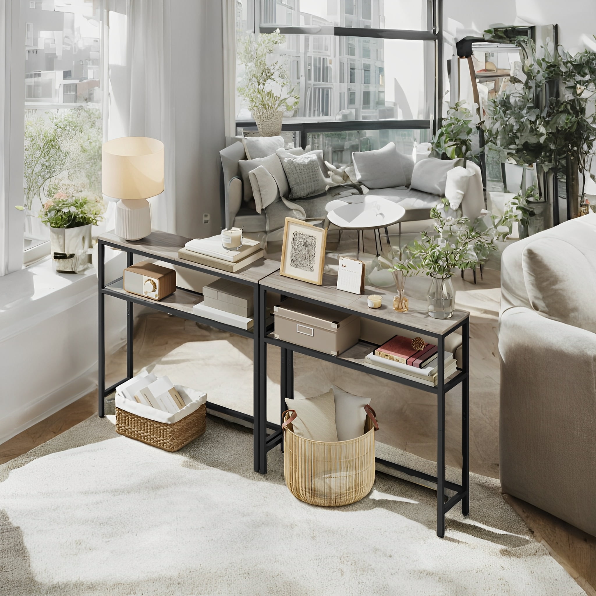 LEDREM 31.5" Modern Console Table, 2-Tier Narrow Sofa Table with Adjustable Feet, Entryway Shelf, Heather Greige and Black