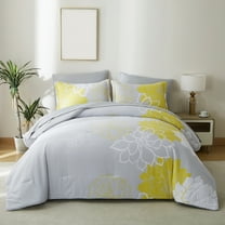 Flymme Full Size Comforter Sets 7 Piece Bed in a Bag Yellow Floral Printed on Gray Comforter Set with Sheets Botanical Complete Bedding Set for All Season