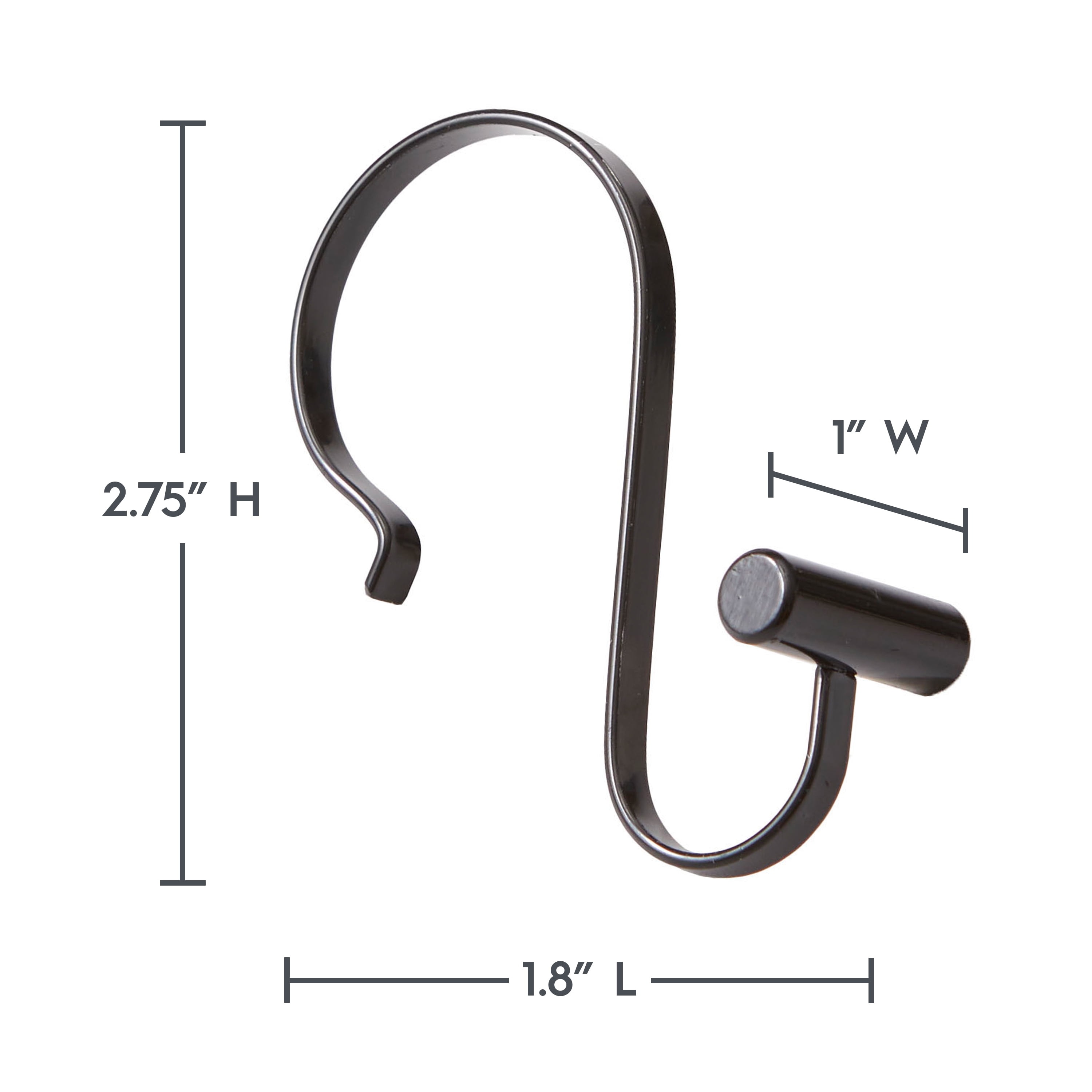 (3 pack) Better Homes & Gardens S-Shape Rustproof Stainless Steel Shower Hooks with T-Bar Ends, Black, 12