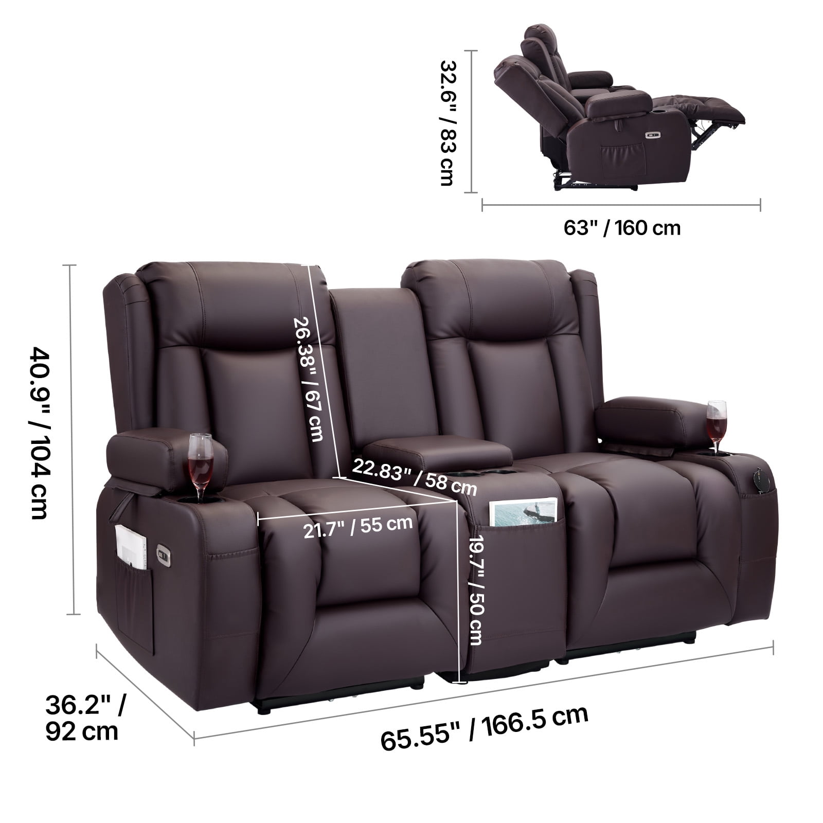 KFFKFF Reclining Loveseat Sofa with Heating, Massage, and Timer, PU Leather Electric Couch with Center Console, USB Ports, Cup Holders, and Side Pockets for Living Room