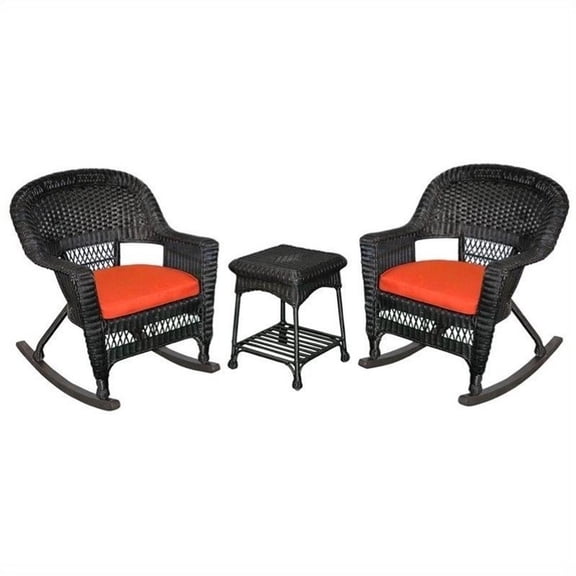 Pemberly Row 3pc Wicker Rocker Chair Set in Black with Red Cushion