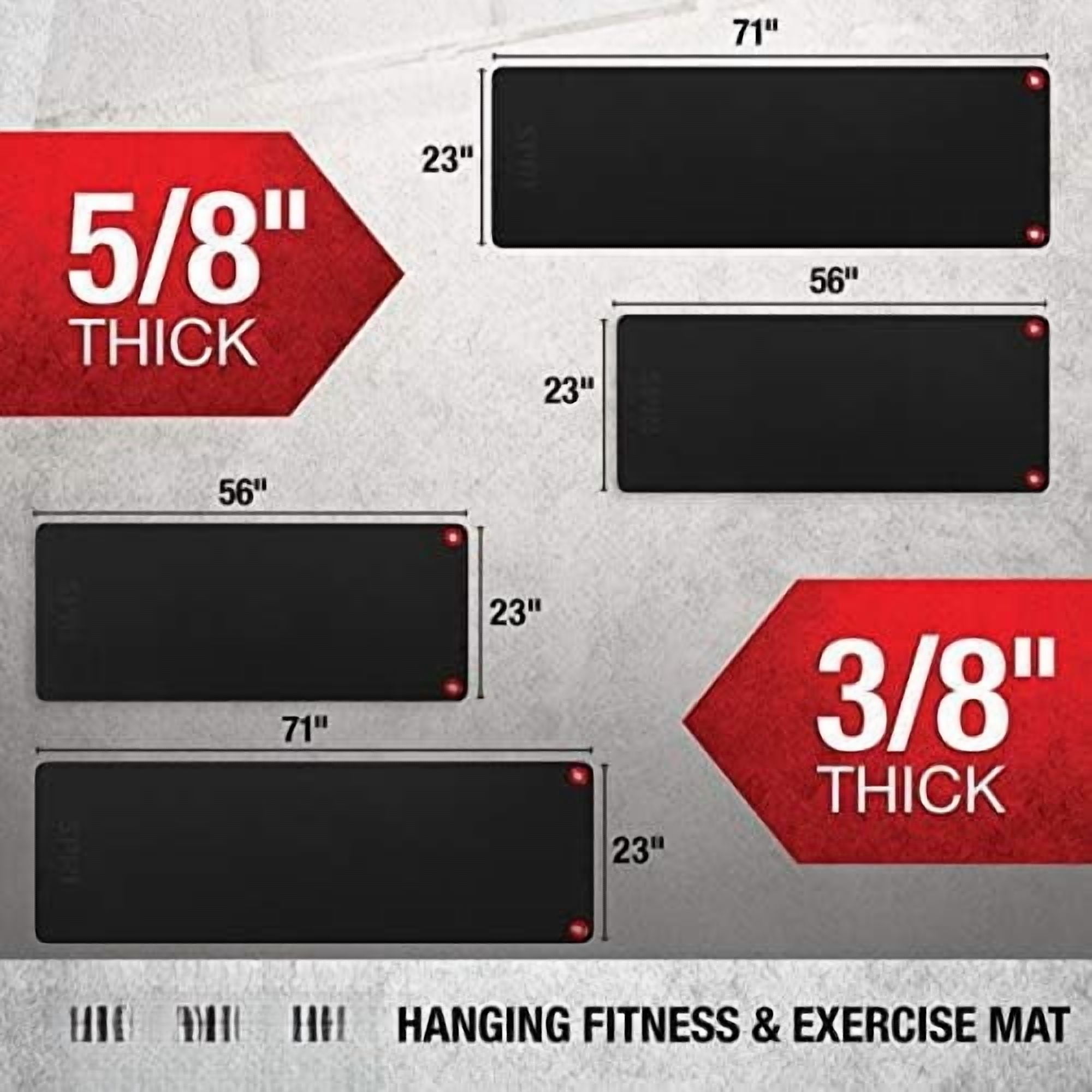 Hanging Exercise Mat, Fitness & Yoga Mat for Group Fitness Classes, Commercial Grade Quality with Reinforced Holes 56" L x 23" W x 3/8" (Black)