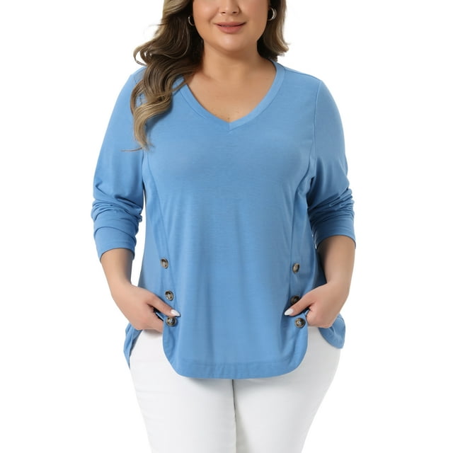 Blusas de mujer de talla grande Agnes Orinda con mangas largas, cuello en V, sueltas y decoradas con botones, 3X gris azul