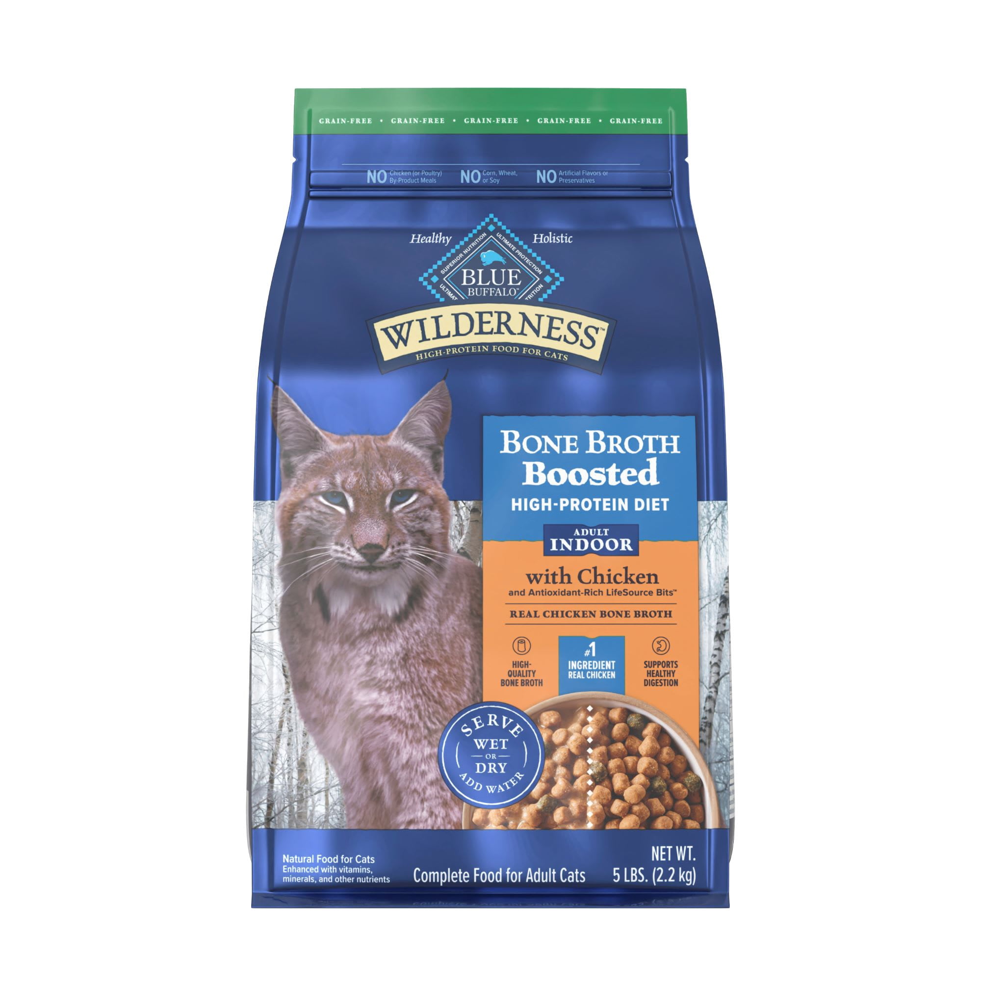 Blue Buffalo Wilderness Chicken Bone Broth Boosted High-Protein Diet, Grain-Free Dry Food for Adult Indoor Cats, 5 lbs.