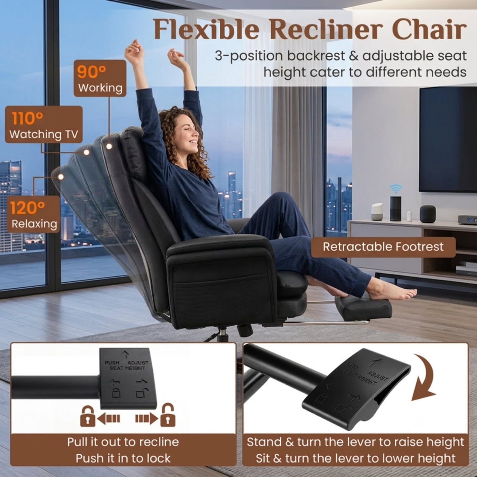 Furnibear Big and Tall Ergonomic Office Chair 400 lbs High Back Wide Faux Leather Computer Chair with Retractable Footrest, Black