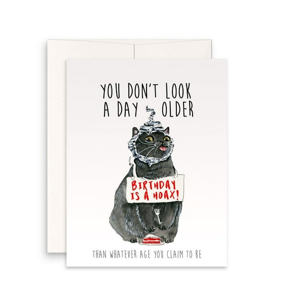 Funny Birthday Card Featuring a Black Cat – “You Don’t Look a Day Older” – Humorous Message About Aging – Blank Inside – Perfect for All Ages