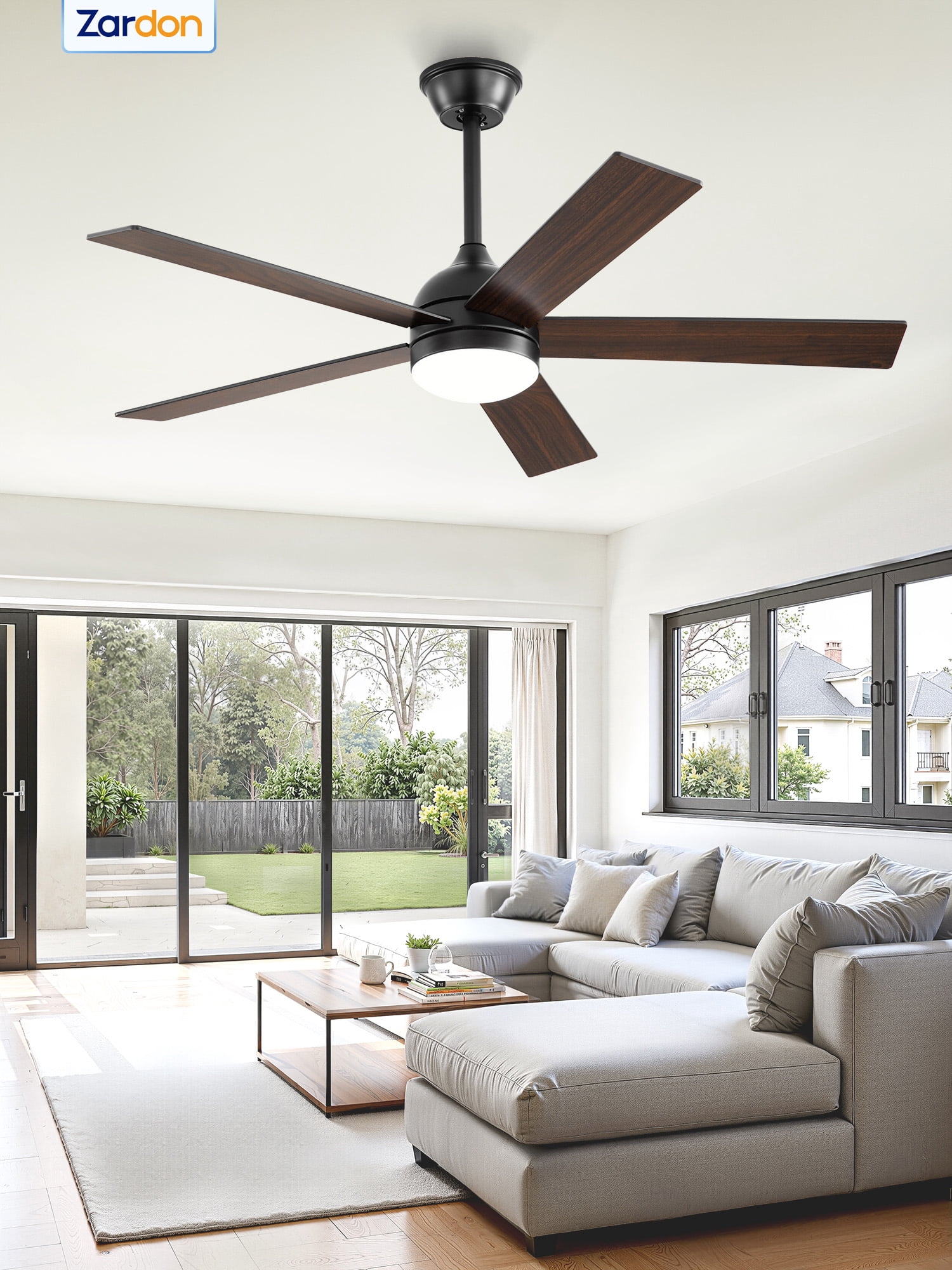 Zardon 48in Ceiling Fans with Light and Remote Control, Modern Flush Mount Ceiling Fans with 6-Speed for Indoor, Outdoor, Black