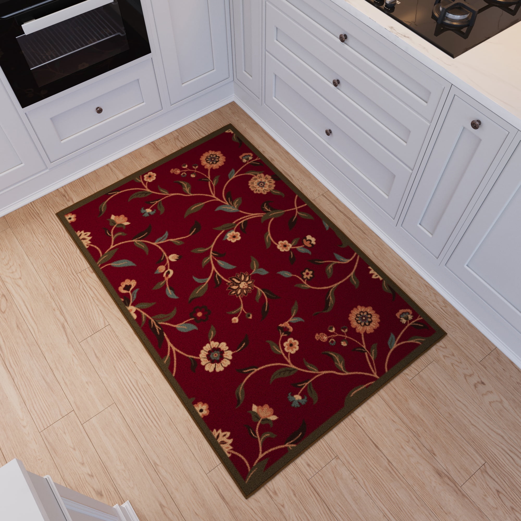 Ottomanson Non-Slip Accent Rug 2'7" x 3' – Low Pile Entryway Bedroom Small Rug, Floral Red