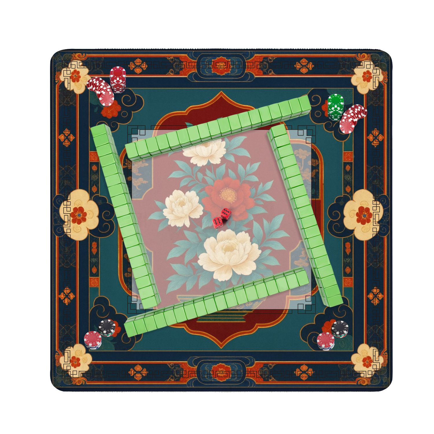 Mahjong Mat 31.5" x 31.5" Traditional Floral Anti-Slip and Noise Reduction Symmetry Design Mahjong Tiles Table Cover for Dominoes Poker Card Board and Tile Games
