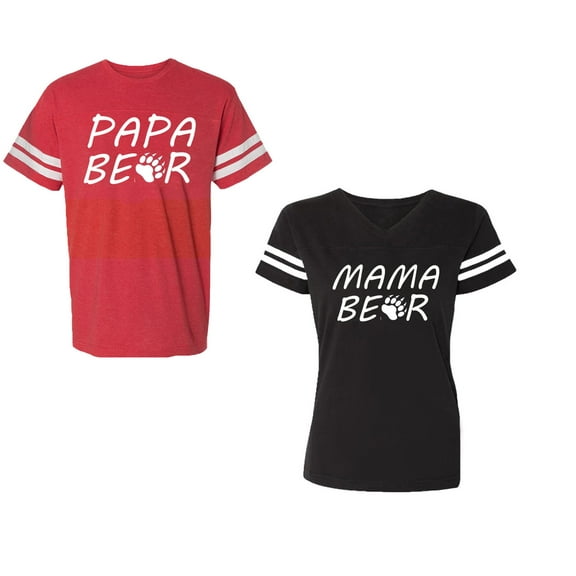 Papa Mama BearUnisex Couple Matching Cotton Jersey style T-Shirt Contrasting stripes on sleeves (Men Red / Women Black) (Men S / Women S)