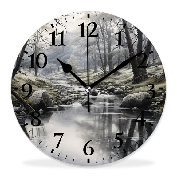 10 Inch Wall Clock Battery Operated Silent Clock Decorative for Office, Kitchen, Outdoor, Living RoomSmall Spring forest Distant Mountain Picture Multicolor