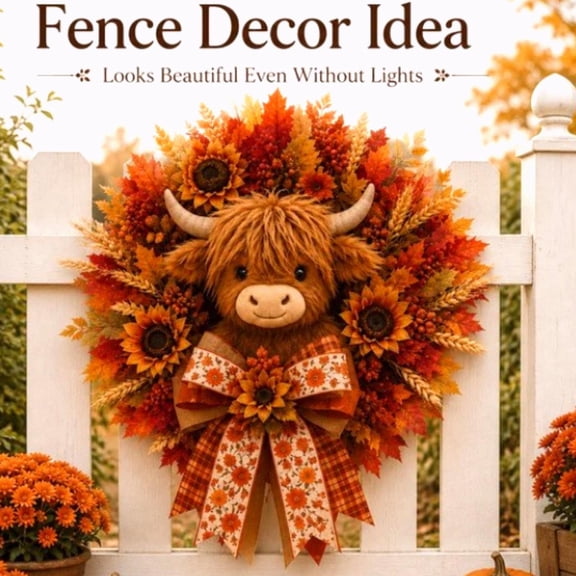 Fall Wreaths with Highland Cow, Halloween Door Decor with Maple Leaves Sunflowers, Charming Thanksgiving Decorations for Front Porch Mantel Entryway