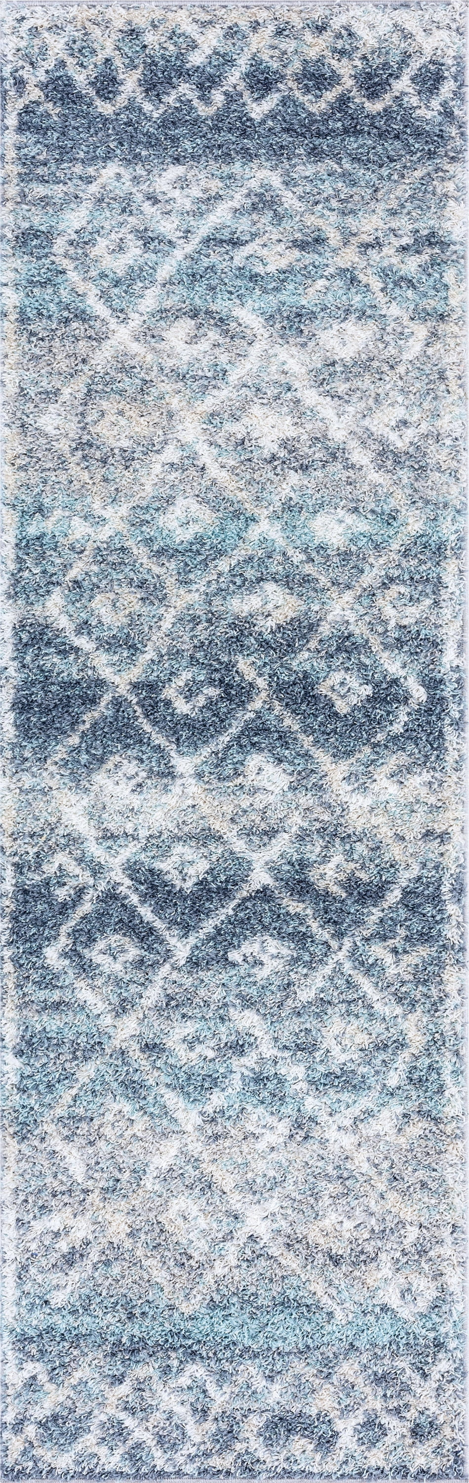 Shag 2x8 Area Rug Thick (2'2'' x 7'3'') Geometric Blue, White Indoor Runner Easy to Clean
