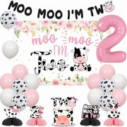 Pink Cow Theme 2nd Birthday Decorations, Moo Moo I’m Two Banner Backdrop Cake Topper Honeycomb Centerpieces Cow Print Balloons for 2 Years Old Girls Farm Animals Barnyard Party Supplies