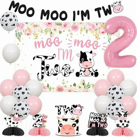 Pink Cow Theme 2nd Birthday Decorations, Moo Moo I’m Two Banner Backdrop Cake Topper Honeycomb Centerpieces Cow Print Balloons for 2 Years Old Girls Farm Animals Barnyard Party Supplies