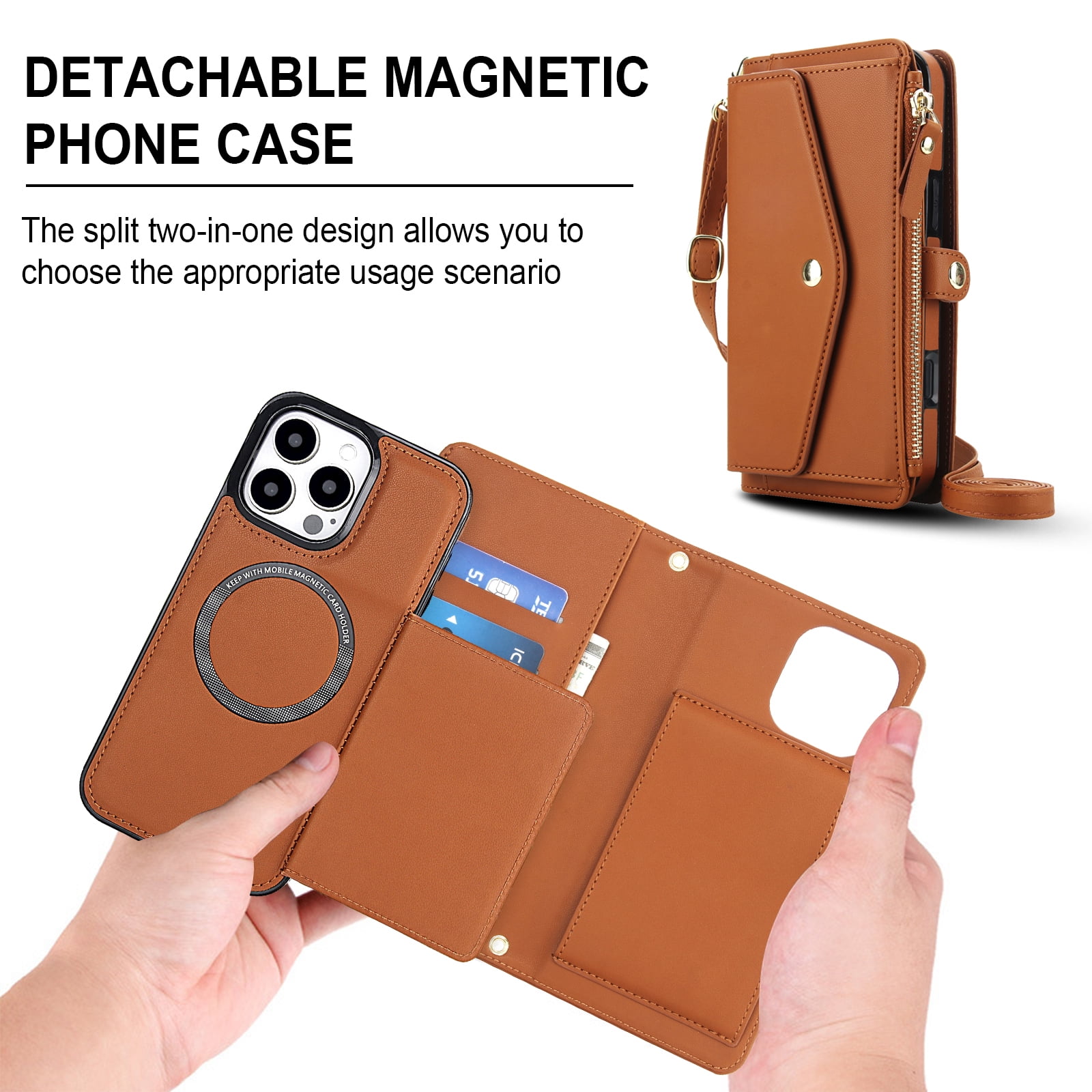 Designed for iPhone 15 Pro Multi-Function Wallet Phone Case,With Shoulder Strap&Wrist Strap,Cash Pocket&Card Slots,Zipper Purse,Magnetic Detachable PU Leather Flip Phone Case,Brown