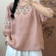 thumbnail image 2 of KALE Cotton And Linen Elbows Up T Shirt for Women Embroidered Tops Floral Tunic Tshirt Tee 3/4 Sleeve V Neck Button Boho Ethnic Y2K Clothes Hot Pink XL, 2 of 3