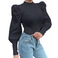 thumbnail image 5 of Women Ladies Puff Sleeve Tops Pullover Sweater Blouse Jumper Ribbed Shirt, 5 of 5