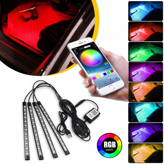 Car LED Strip Lights, 48 LED Multicolor Interior Footwell Lighting with Smart APP Control, Music Sync Mode for Car SUV Truck Auto Decoration, IP65 Waterproof, Plug & Play, 4PC