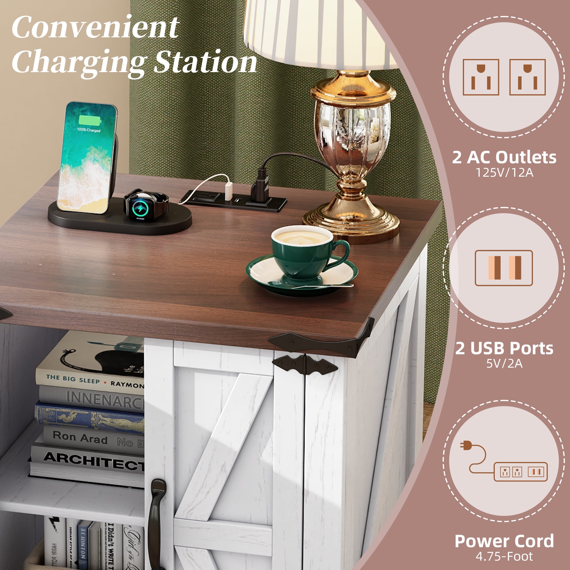 MAYEERTY Farmhouse End Table with Charging Station, Rustic Wood Nightstand with Adjustable Shelf, White