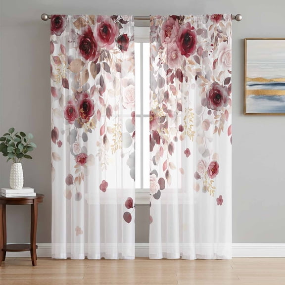 Red Flowers Sheer Curtains 72 Inch Length 2 Panels Set Window Treatments, Spring Floral Elegant Pastoral Watercolor Rod Pocket Semi Curtains for Living Room/Bedroom/Kitchen Décor, 104"W x 72"L