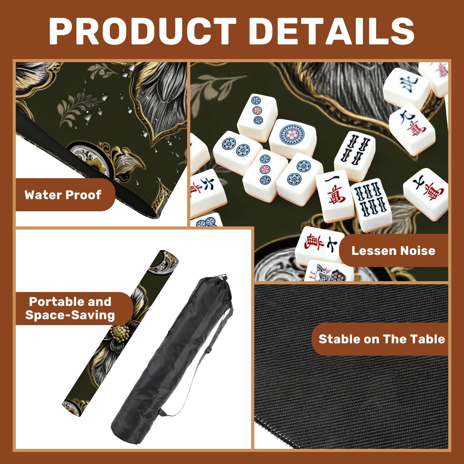 Mahjong Mat 31.5" x 31.5" flower paisley seamless Green Non-Slip Noise Reduction American Mahjong Tiles Table Cover for Dominoes Poker Card Board Games Gift