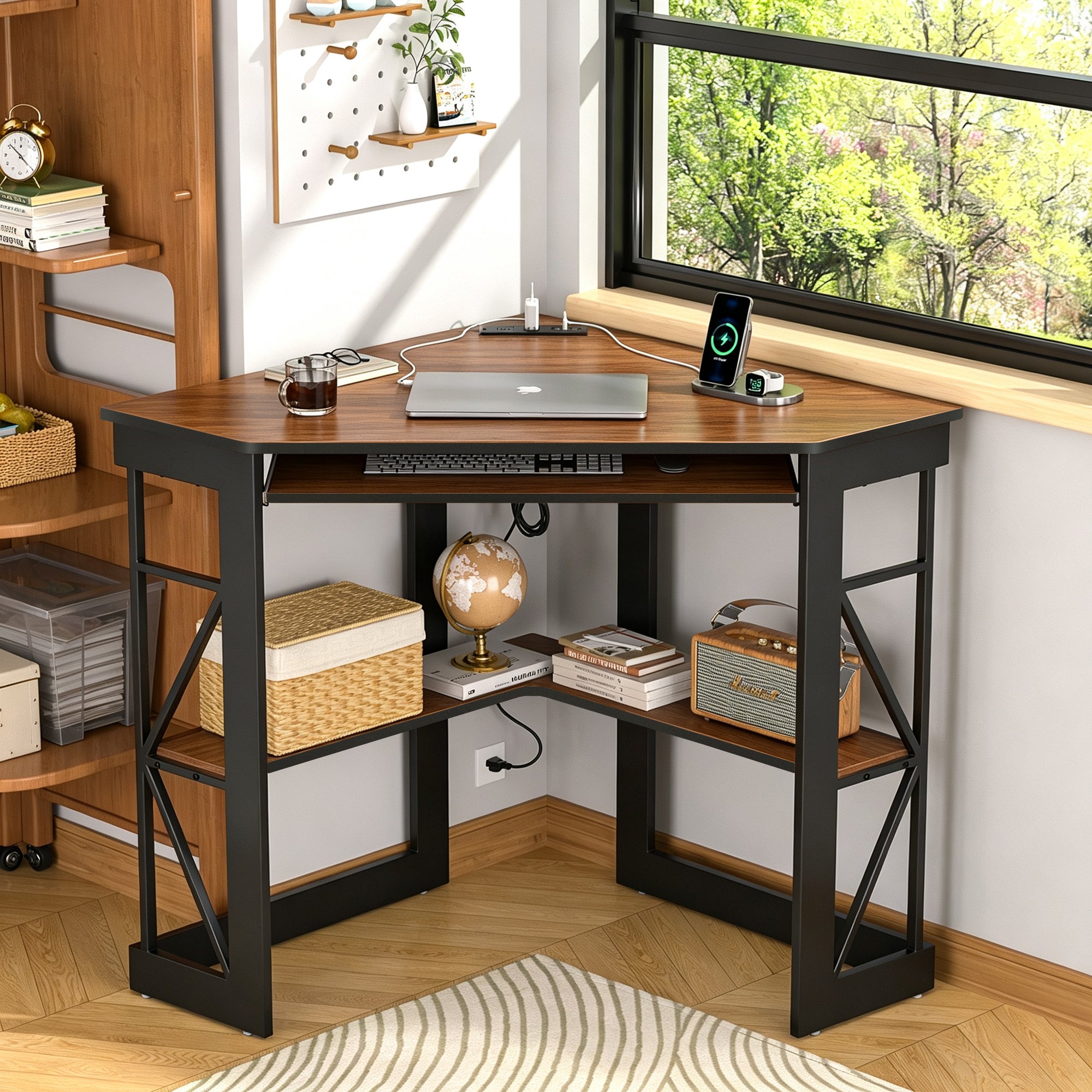 VECELO Corner Computer Desk with Charging Station, Dark Brown photo 2