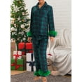 thumbnail image 5 of Women Christmas Satin Pajamas Sets Feather Trim Long Sleeve Button Down Shirt and Pants Set Xmas Holiday Pjs Sleepwear Loungewear, 5 of 8