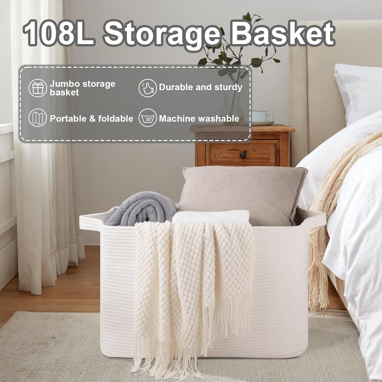 108L Extra Large Blanket Basket, 24.8" x 16.2" x 16.2" Rectangle Woven Storage Baskets for Living Room, Nursery, Bedroom, Toy Basket with Handle (White)