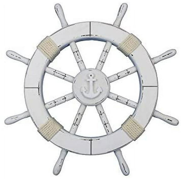 Handcrafted Model Ships Rustic-White-SW-Anchor-18 Rustic White Ship Wheel With Anchor 18 in. Decorative Accent