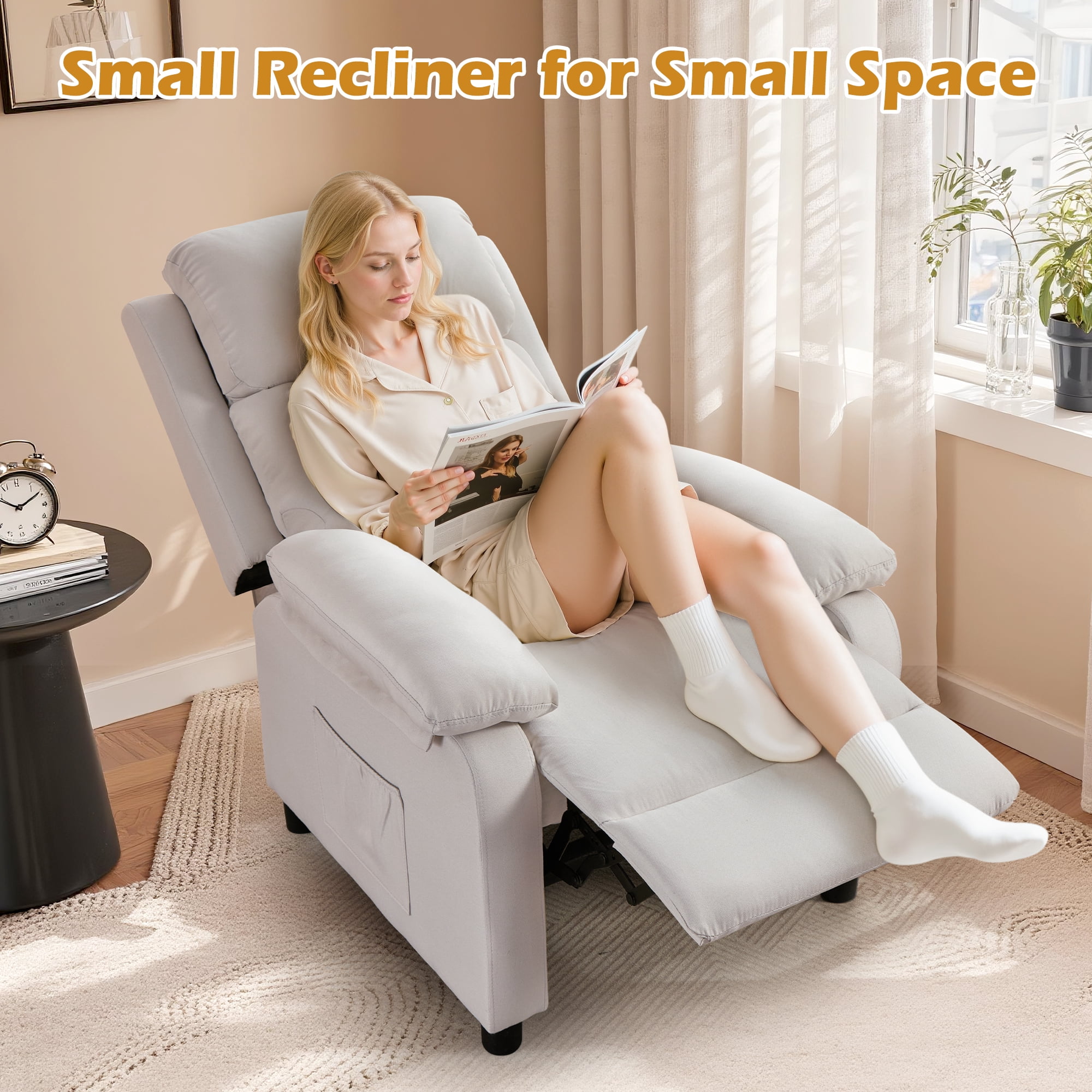 Korser Manual Push Back Recliner Chair with Side Pockets,Recliner Chairs for Adults for Living Room,Small Recliners for Small Spaces,Linen,Beige