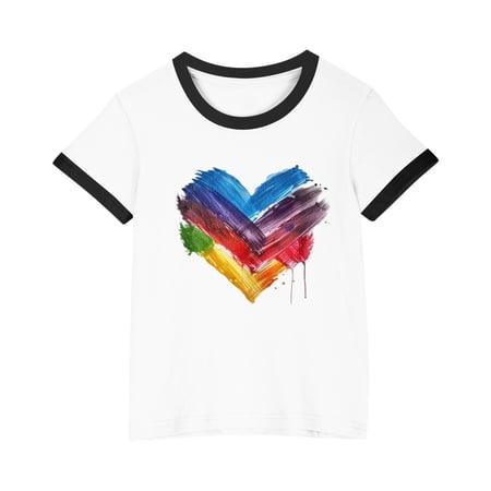 SGFCWSX Kids Short Sleeve T Shirts Boys Girls Summer Ringer Heart Print Crew Neck Tops Casual Tees Black Size 4-5 Years