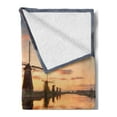 thumbnail image 2 of Nature Soft Flannel Fleece Throw Blanket, Landscape with Traditional Famous Dutch Windmills on Background near Canal Photo, Cozy Plush for Indoor and Outdoor Use, 60" x 80", Orange Blue, by Ambesonne, 2 of 5