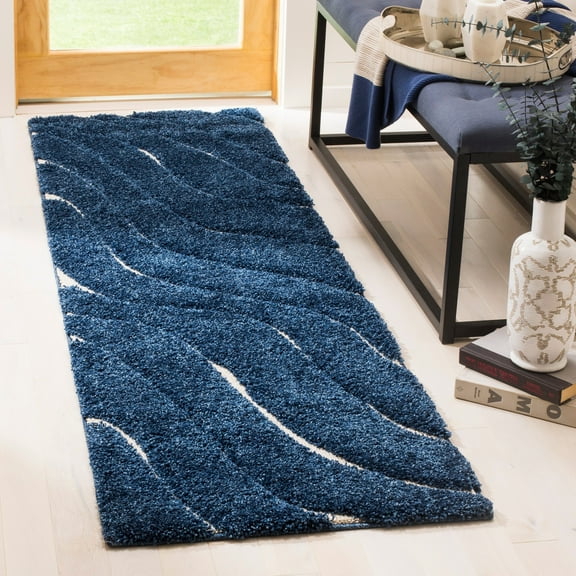 SAFAVIEH Florida Tabitha Geometric Waves Shag Runner Rug, Dark Blue/Cream, 2'3" x 11'