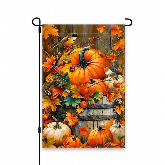 Autumn Harvest Garden Flag with Pumpkins, Birds & Fall Leaves – 12 x 18 Inch Outdoor Decor for Yard, Lawn, Patio, Porch for Seasonal Fall Display