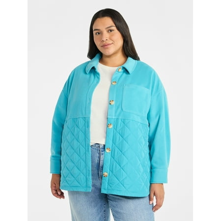 Terra & Sky Women's Plus Size Quilt Mix Button Front Shacket with Long Sleeves, Sizes 1X-5X