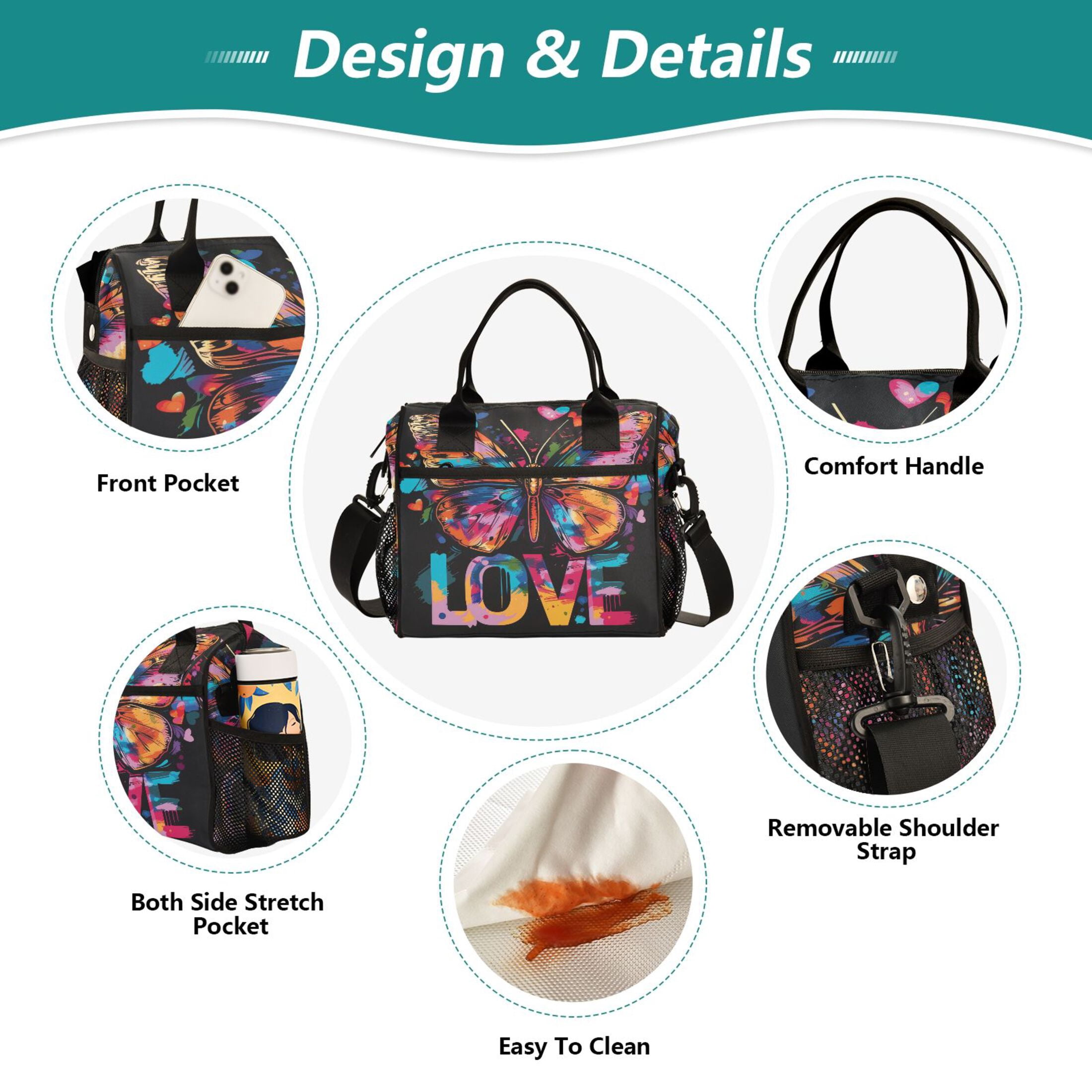 Lunch Bag Insulated Lunch Box Leakproof Reusable Cooler Tote Adjustable Shoulder Strap for Men Women Butterfly and Love 9L