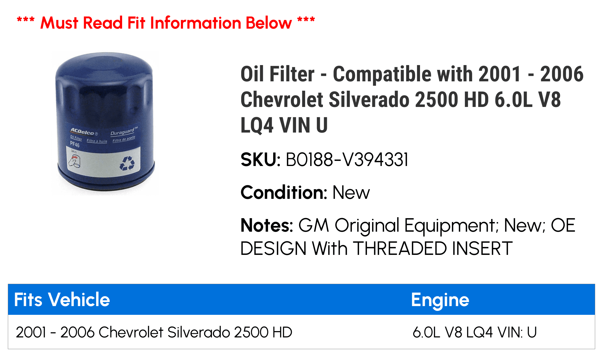 Oil Filter - Compatible with 2001 - 2006 Chevy Silverado 2500 HD 6.0L V8 LQ4 VIN U 2002 2003 2004 2005