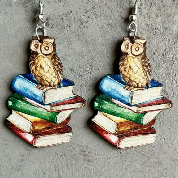 Back to School Print Wood Stacked Book Owl Libraries Teacher Wooden Earrings New