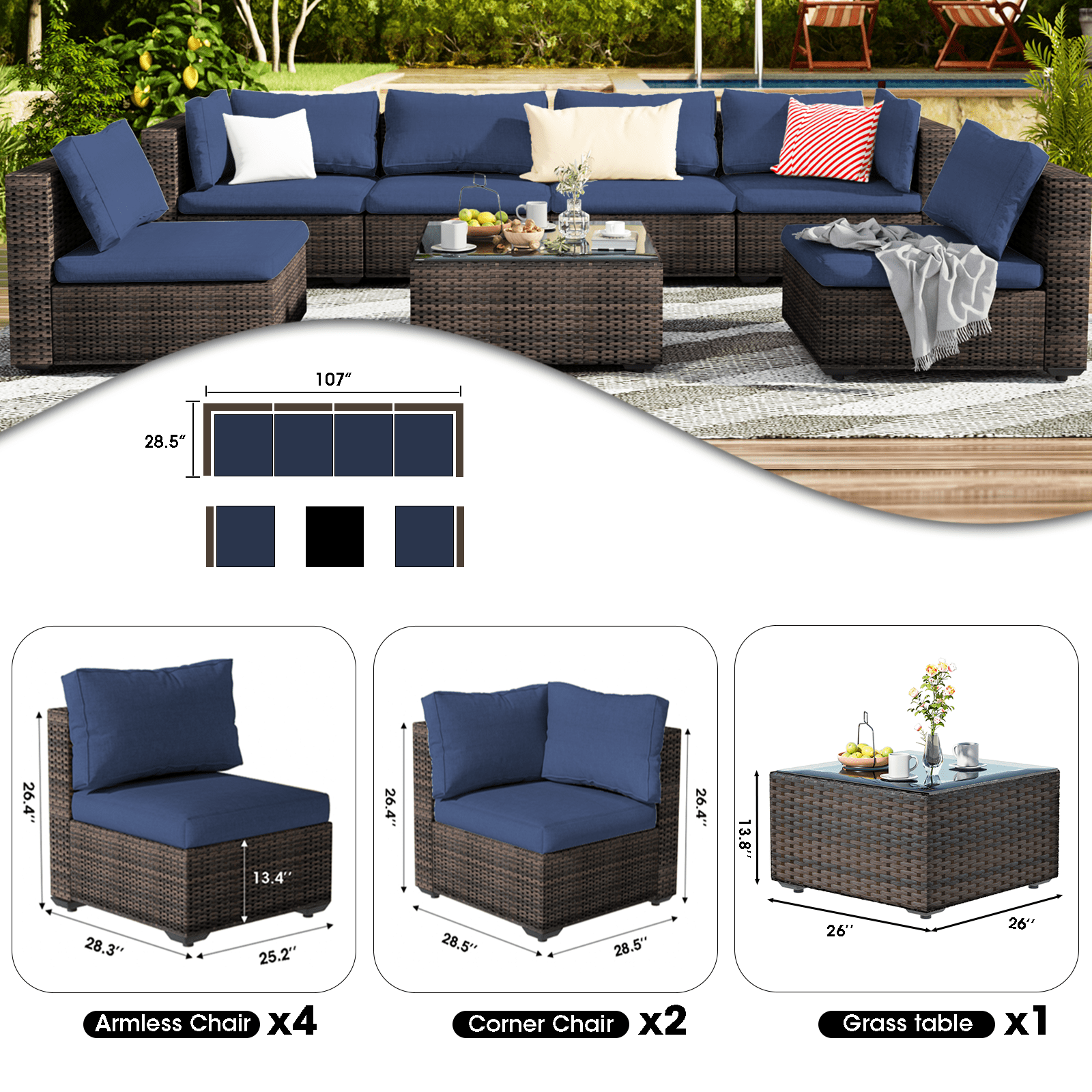 Grezone 7 Patio Outdoor Furniture Wicker Sectional Sofa Couch Lawn Sectional, Blue