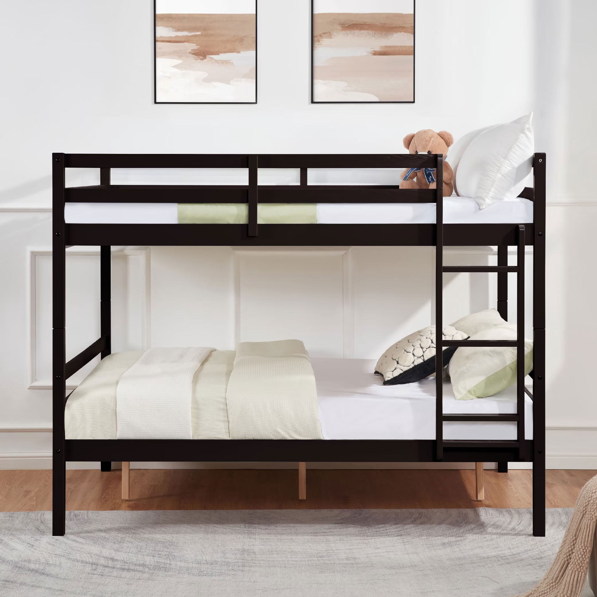 MAYEERTY Full over Full Bunk Bed with Ladder and High Guardrail, Solid Wood Bed Frame, Space-Saving for Kids Teens Dorm Rooms Guest Rooms, No Box Spring Needed