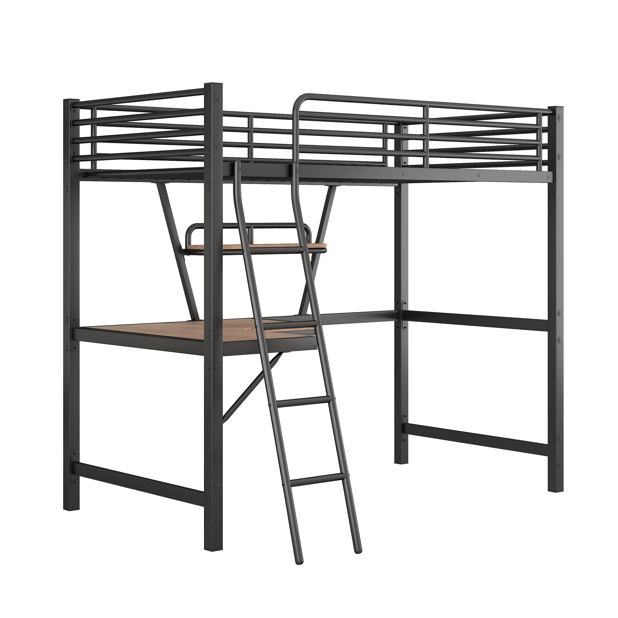 Aukfa Metal Twin Loft Bed with Built-in Desk and Shelf for Dormitory Kids Bedroom - Black